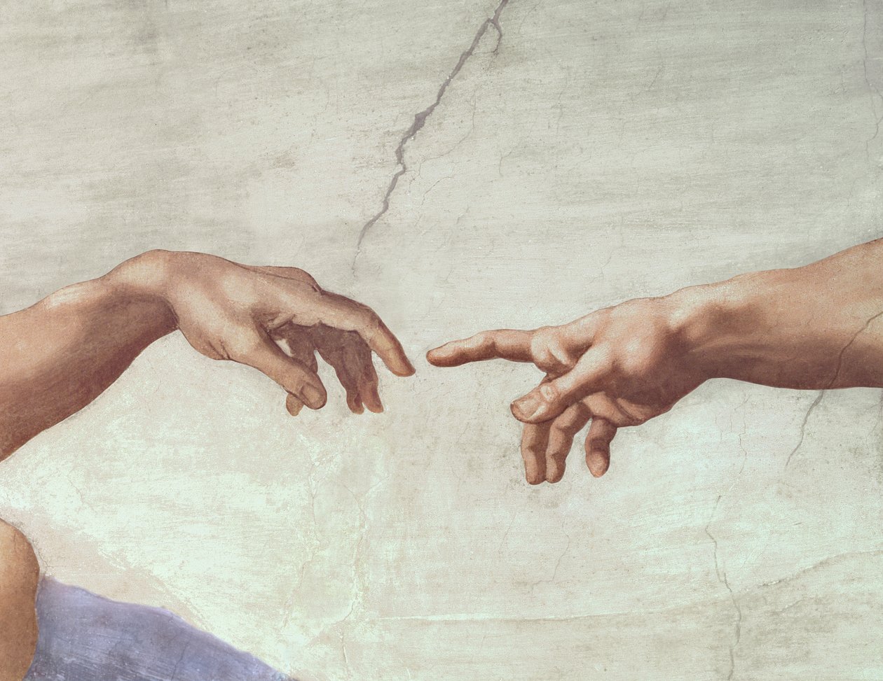 Detail of Michelangelo’s Creation of Adam: the hands of God and Adam reaching toward one another across cracked plaster, fingers not quite touching.