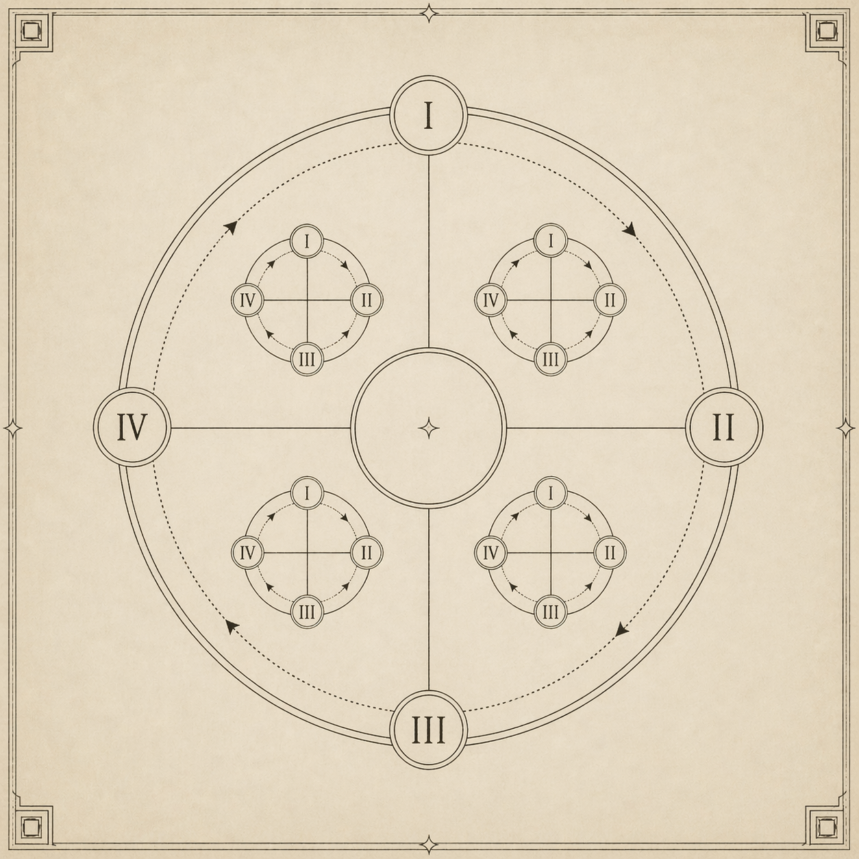 An engraved diagram of a large circle divided into four quadrants labelled I, II, III, IV, each containing a smaller replica of the same fourfold circle, arranged around an empty central circle marked only with a small four-pointed star.