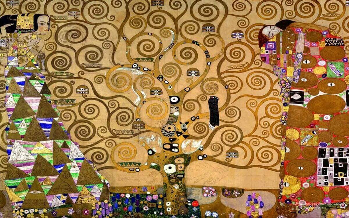 Gustav Klimt, The Tree of Life (Stoclet Frieze, 1905): a spiralling gold tree branching between two figures, one set in jewelled triangles, the other in circles of embrace.