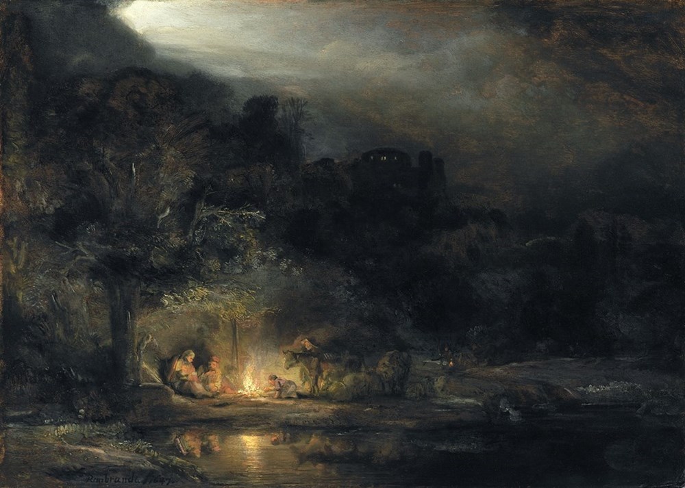 A dark nocturnal landscape painting: a small fire lights a huddled group of travellers by a river, ruins silhouetted against a cloud-hidden moon.