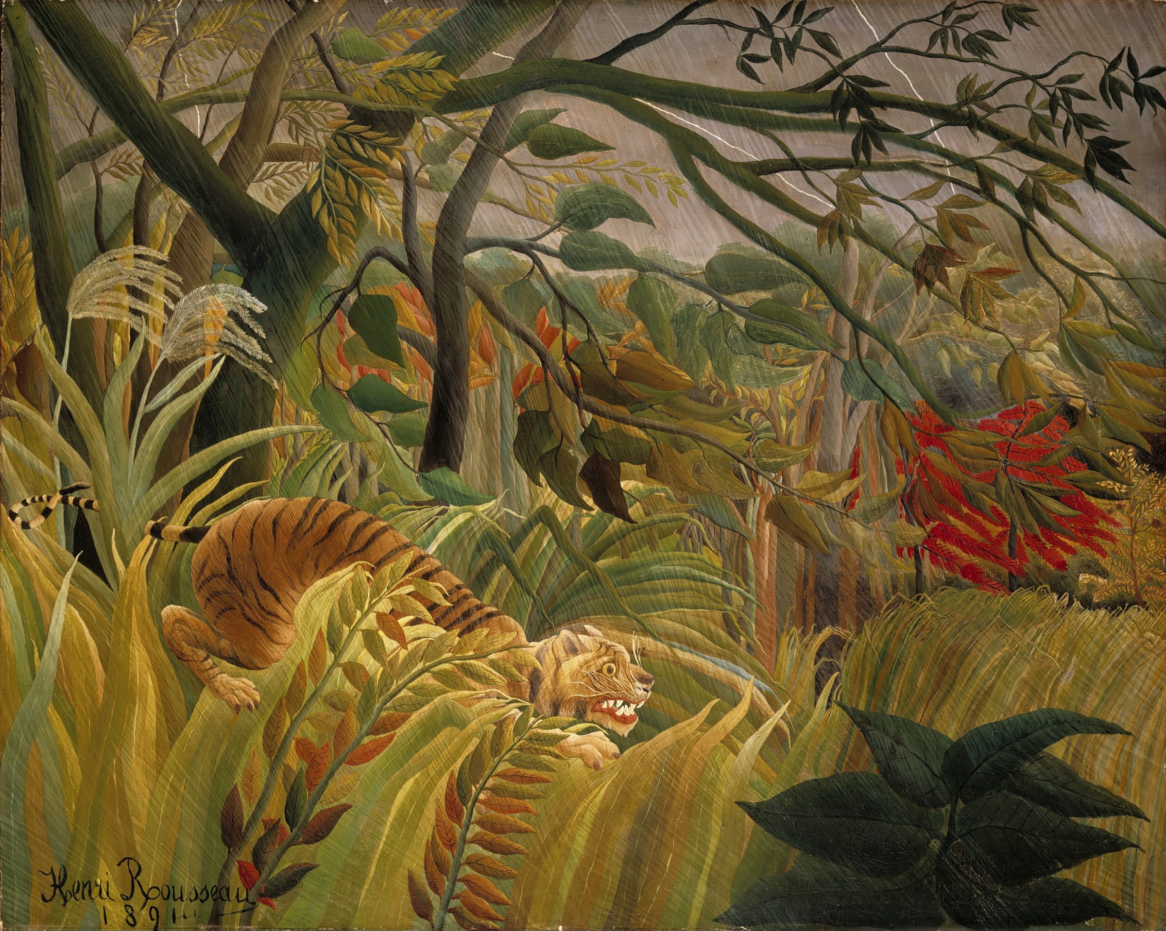 Henri Rousseau, Tropical Storm with a Tiger (1891): a crouched tiger bares its teeth amid dense jungle foliage under a streaked, stormy sky.